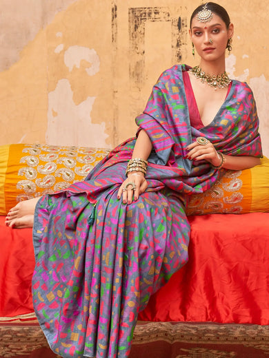 Awesome Grey Digital Printed Silk Everyday Wear Saree With Blouse